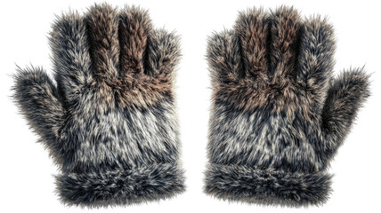 Two fluffy, gray and brown faux fur mittens face-up