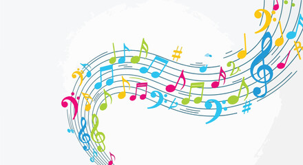Colorful musical notes and symbols on flowing musical staff © Juli