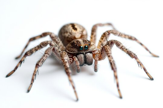 macro shot of a brown huntsman spider showing intricate details of its fangs and multiple legs on white background close up focus