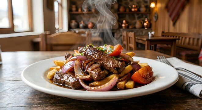 Peruvian lomo saltado stir fry with beef fries and tomatoes