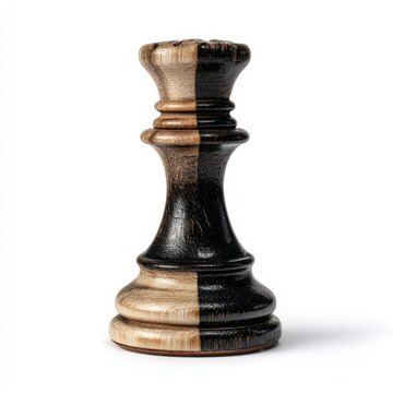 isolated indoor studio shot of a split-toned two-faced chess queen piece symbolizing strategy duality and competition on a plain white background.