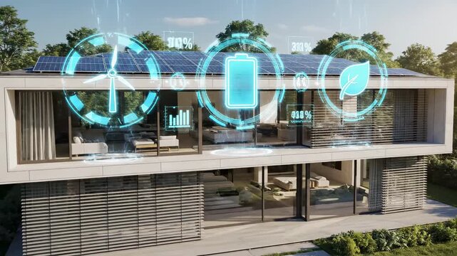 Modern Sustainable House With Solar Panels Wind Turbine And Battery Power Generation Technology Visualized