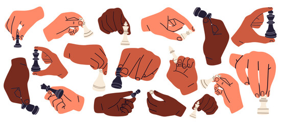 Flat vector illustration set of diverse hands holding chess pieces in different gestures. Modern minimal cartoon style isolated on light background for branding, marketing, and educational design. © NUR