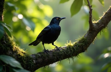 Fototapeta premium A glossy black bird with bright orange eyes perches on a moss-covered tree branch. Rich green leaves create a soft, blurred background, suggesting a tranquil forest setting on a sunny day.