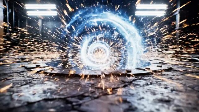 A swirling blue water vortex erupts from a manhole cover on a wet, cracked street at night