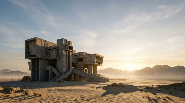 Abandoned Brutalist Concrete Structure in Desert Landscape at Golden Sunset, 3D Render
