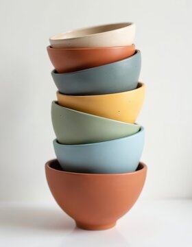 Stack of colorful ceramic bowls in pastel tones. Minimalist tableware design on a clean white background. Kitchenware set for serving food, empty dishes.