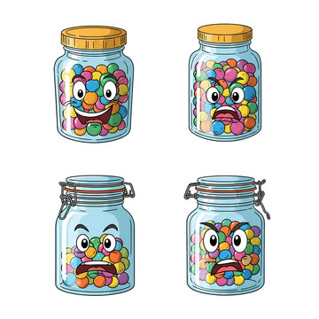 Four cartoon jars filled with colorful candies each with a unique facial expression.