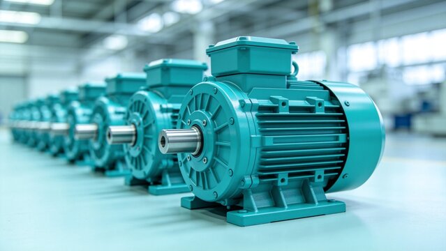 Row of industrial electric motors in factory