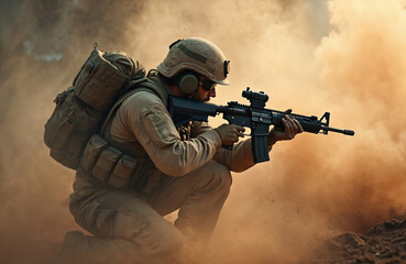 Obraz premium Soldier in tactical gear crouches in dust aiming rifle. Focused determination shows strength and resilience in combat environment. Soldier wears helmet and backpack ready for action.