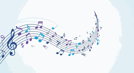 Colorful musical notes floating along a flowing staff on a white backdrop © Juli