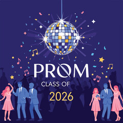 Festive illustration with prom night celebration. Dancing, music, confetti, and students © Kiu
