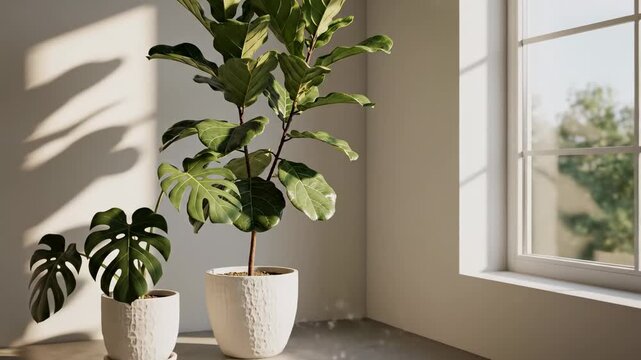 Sunlight Streams Through Large Window Illuminating Lush Green Fiddle Leaf Fig and Monstera Plants in White Textured Pots on Concrete Floor