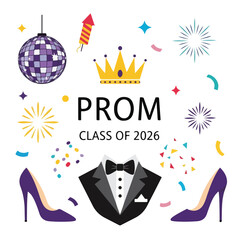 Festive graphic with prom elements including crown, heels, and tuxedo © Suliss