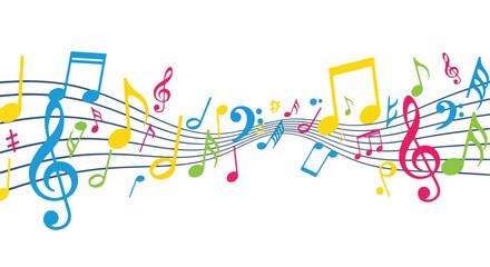 Colorful musical notes and staff lines flowing across a white background © Silvia