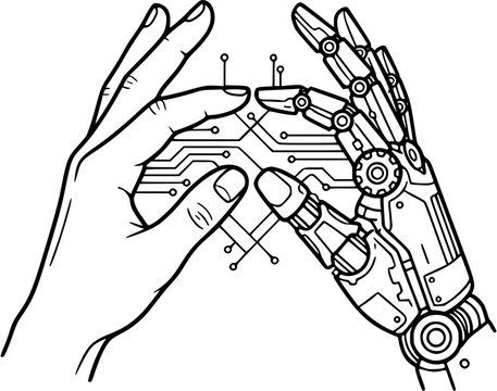 Human and robot hands connection technology outline vector isolated on transparent background