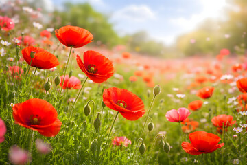 Obraz premium 赤いポピーが咲く春の花畑 明るい自然風景