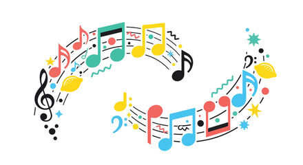 Colorful musical notes and symbols arranged in a swirling formation © Silvia