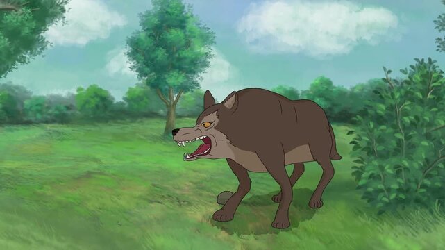 High quality 2D animated cartoon background of an angry gray wolf growling in the green forest now perfectly on a green screen. This amazing visual asset is totally ideal for your video projects.