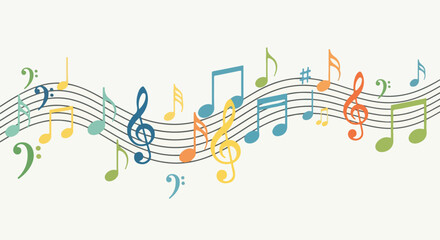 Colorful musical notes and symbols arranged on a curved staff © Silvia