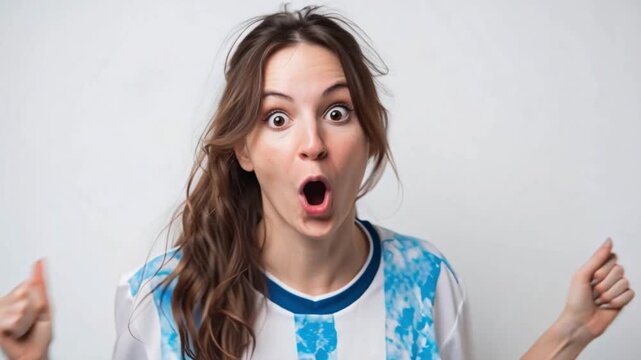 Exalted female soccer fan in Argentina national team jersey celebrates a goal, pointing and cheering