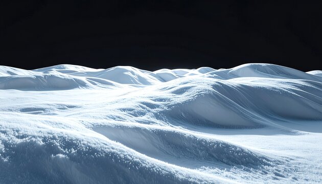 Paysage hivernal minimaliste montrant des dunes de neige immacul&eacute;e sous un ciel nocturne sombre avec des textures glac&eacute;es d&eacute;taill&eacute;es.