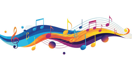 Colorful musical notes floating on wavy lines of various colors © Juli
