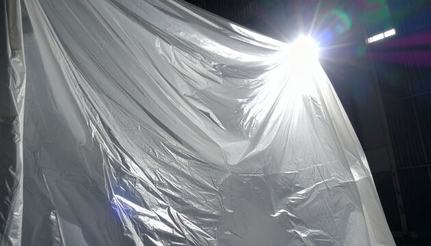 Une grande b&acirc;che en plastique blanc translucide &eacute;clair&eacute;e par un projecteur puissant cr&eacute;ant des reflets et des ombres sur les plis froiss&eacute;s.
