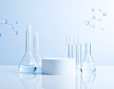 Scientific laboratory setup featuring various glassware, floating molecular structures, and a white display podium on a clean blue background.