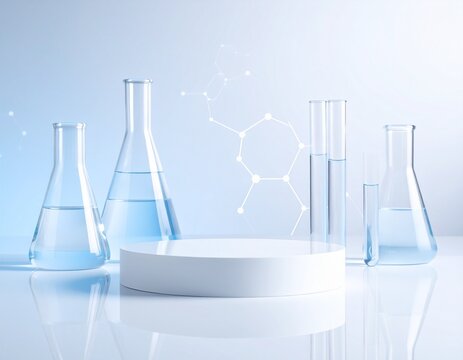 Modern laboratory glassware filled with blue liquid surrounding a white product podium on a clean scientific background.