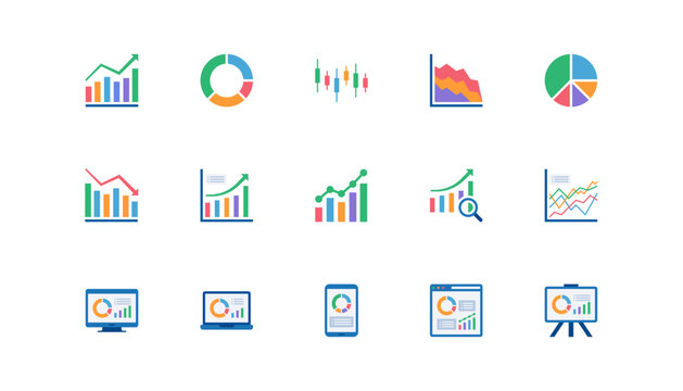 Flat graph and chart illustration in simple modern style with clean design. Business analytics concept perfect for finance reports, data presentation, marketing materials, dashboards, and management