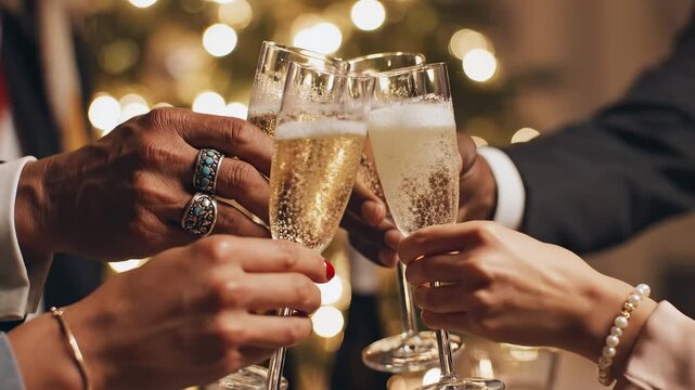 Hands clinking champagne glasses at celebration