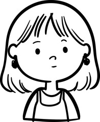 Hand Drawn Cute Cartoon Girl Black and White Avatar Illustration in Minimal Line Art Style Design