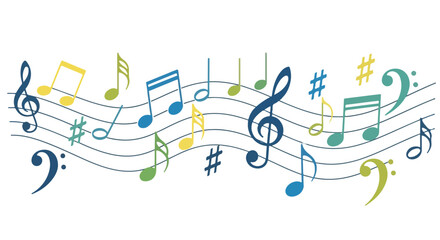 Colorful musical notes and symbols arranged on staff lines (1) © Silvia