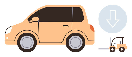 Logistics, transport, vehicle size, cargo handling, weight management, industrial use. A forklift and a car in size comparison with an arrow. Logistics and transport concept illustration