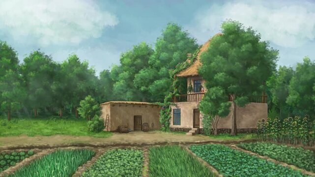 High quality 2D animated cartoon background of a beautiful village house in front of farming lands perfectly on a green screen. This amazing visual asset is totally ideal for your video projects.