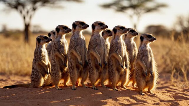 A Group of Meerkats Stands Alert on Sandy Ground