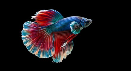 Vibrant Siamese fighting fish displaying flowing fins in a striking color contrast against black