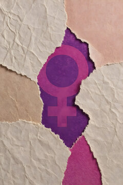 Minimalist torn paper collage with feminist ♀ symbol, bold violet-pink accents, distressed textures, cinematic lighting, realistic fibers, abstract seamless background.