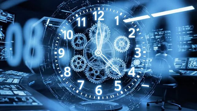 A futuristic control room with a large clock and screens