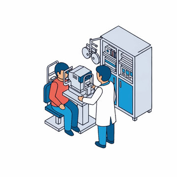 Optometrist examining patients eyes with advanced ophthalmic equipment.