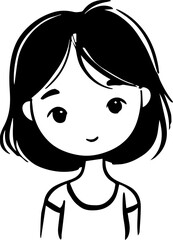 Obraz premium Hand Drawn Cute Cartoon Girl Black and White Avatar Illustration in Minimal Line Art Style Design