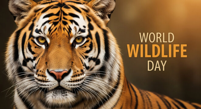 A majestic tiger with striking orange and black stripes and intense yellow eyes, promoting World Wildlife Day.