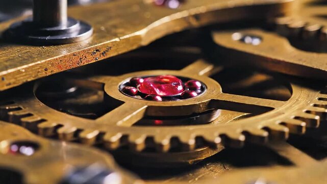 A close-up view of interlocking brass gears with a red jewel at the center