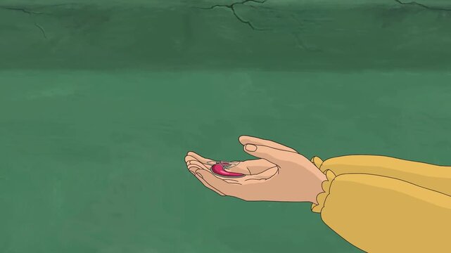 High quality 2D animated cartoon background of a human hand offering a red magic amulet to someone perfectly on a green screen. This amazing visual asset is totally ideal for your video projects.