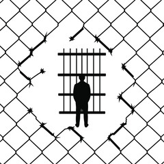 Prisoner silhouette behind jail bars with broken barbed wire fence, freedom loss, confinement and injustice concept isolated on white