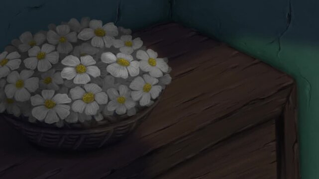 High quality 2D animated cartoon background of a human hand placing a magical red amulet next to lovely white flowers. This amazing visual asset is totally ideal for your cool video projects.