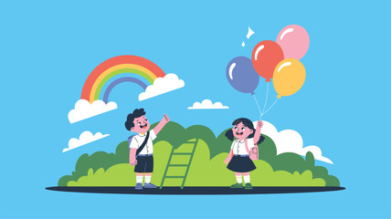 Fototapeta premium School children, learning, education, ladder, balloons, rainbow