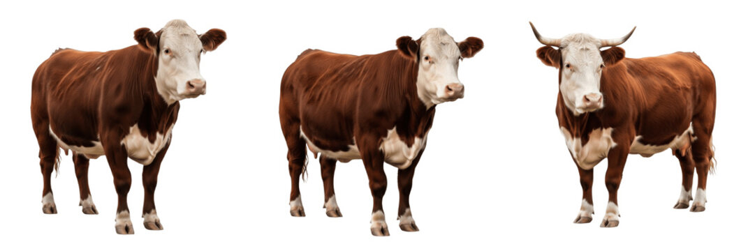Three Hereford Beef Cows Isolated on White Background &ndash; Trio of Brown and White Faced Cattle Standing