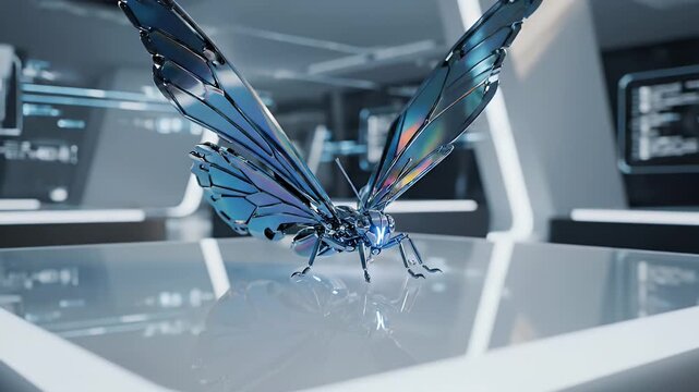 Spider-Like Robotic Insect with Multiple Legs on a Transparent Tablet in a Futuristic Laboratory Setting